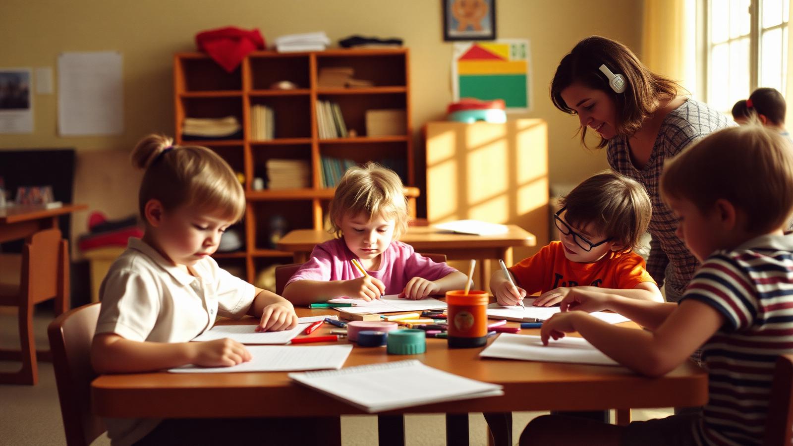 Children doing homework and crafts in after school care